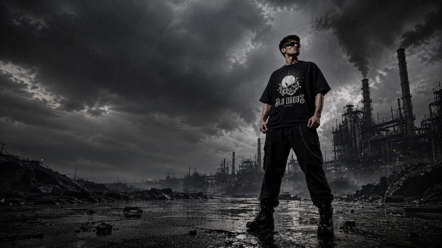 Dark post-apocalyptic streetwear styled in an industrial wasteland for OLD VEGAS