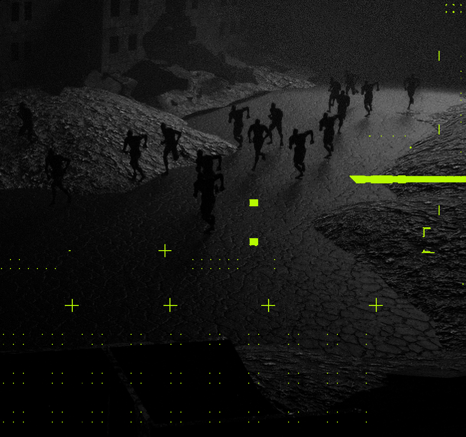Post-apocalyptic survivors crossing a ruined landscape in OLD VEGAS archive artwork