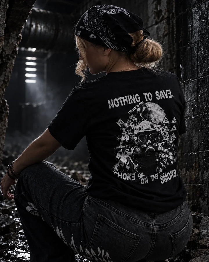 Choke On The Smoke tee worn from the back, showing gas-mask artwork and warning typography