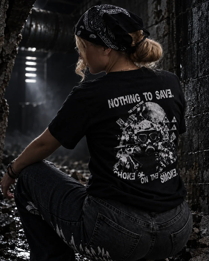 Choke On The Smoke tee worn from the back, showing gas-mask artwork and warning typography