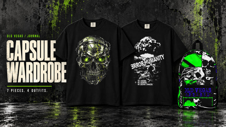 OLD VEGAS Capsule Wardrobe cover featuring Chrome Survivor Skull and No Leaders black graphic tees with the LAST SIGNAL skull-print backpack on a dark background