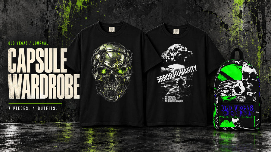OLD VEGAS Capsule Wardrobe cover featuring Chrome Survivor Skull and No Leaders black graphic tees with the LAST SIGNAL skull-print backpack on a dark background