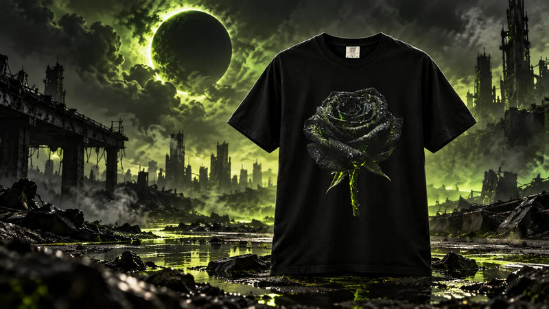 OLD VEGAS Apocalyptic Rose heavyweight black graphic T-shirt with dark rose artwork and toxic green details against a dystopian ruined-city backdrop