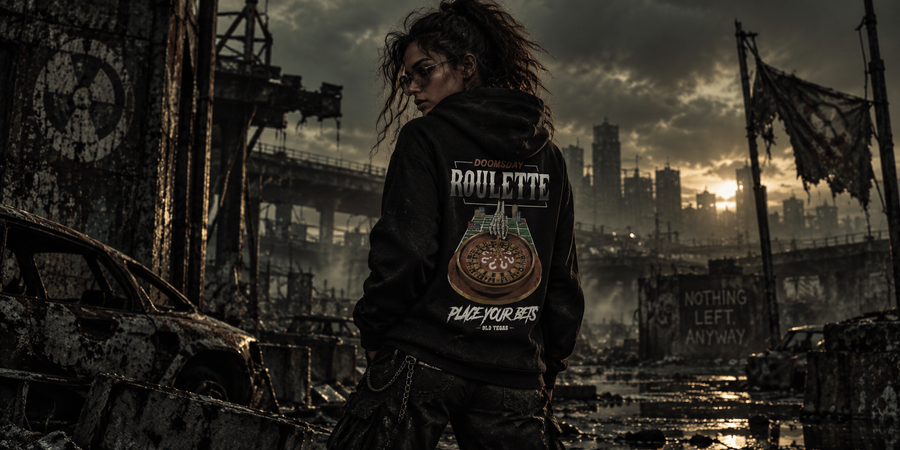 Post-apocalyptic streetwear model wearing the OLD VEGAS Doomsday Roulette hoodie in a ruined dystopian city