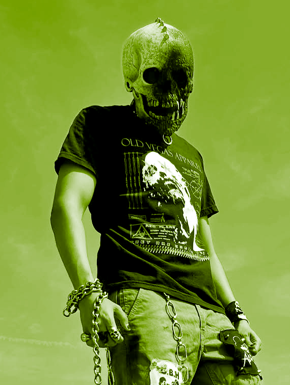 A person wearing a black t-shirt with white graphic print and a green tinted skull mask in bestsellers collection