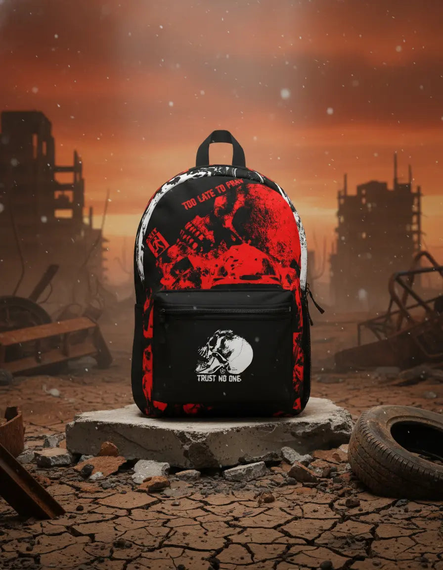 Black and red weather resistant graphic backpack with skull design and trust no one text for outdoor use