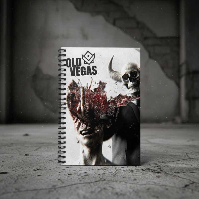 Apocalypse Notes spiral notebook cover featuring a skull, blood burst, and Old Vegas graphic in neon post-apocalyptic style.