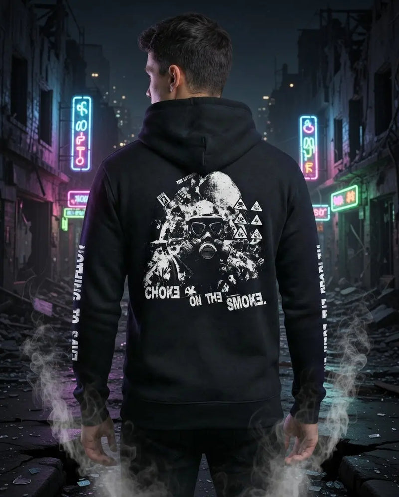 Back of black hoodie features a gas-mask figure amid ruined neon Vegas streets, The Afterlife Awaits collection.
