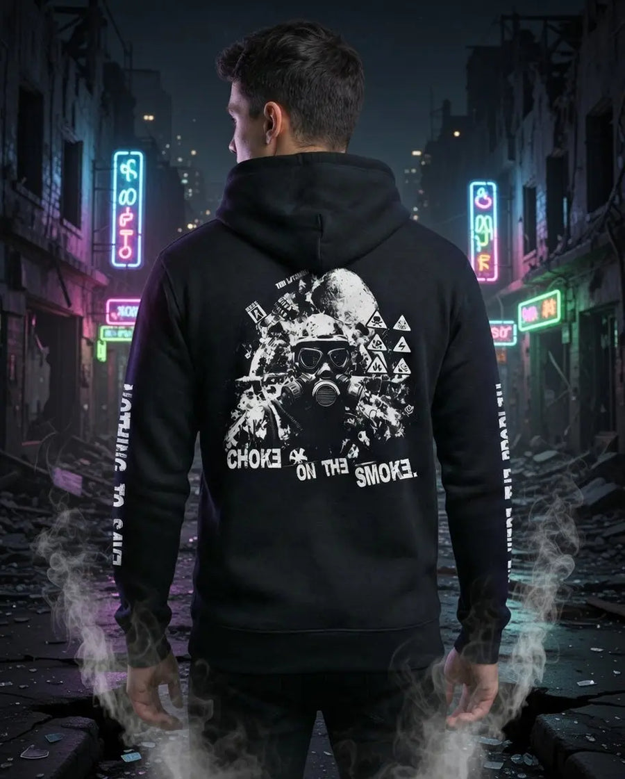 Black hoodie with white gas mask graphic and choke on the smoke text on the back in hoodies and long sleeves collection