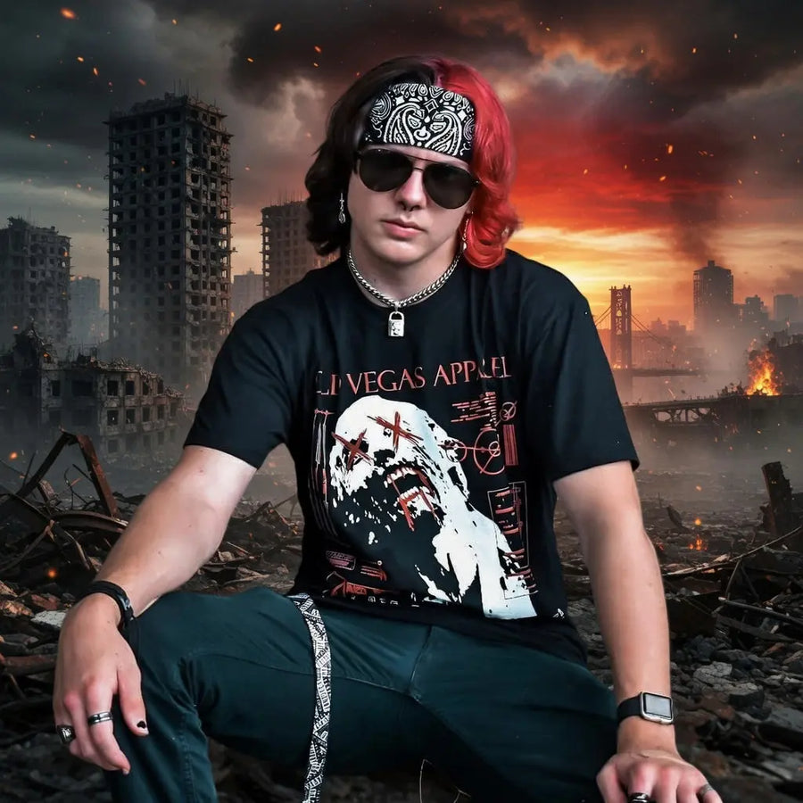 Black graphic tee featuring a white and red skull design with OLD VEGAS branding