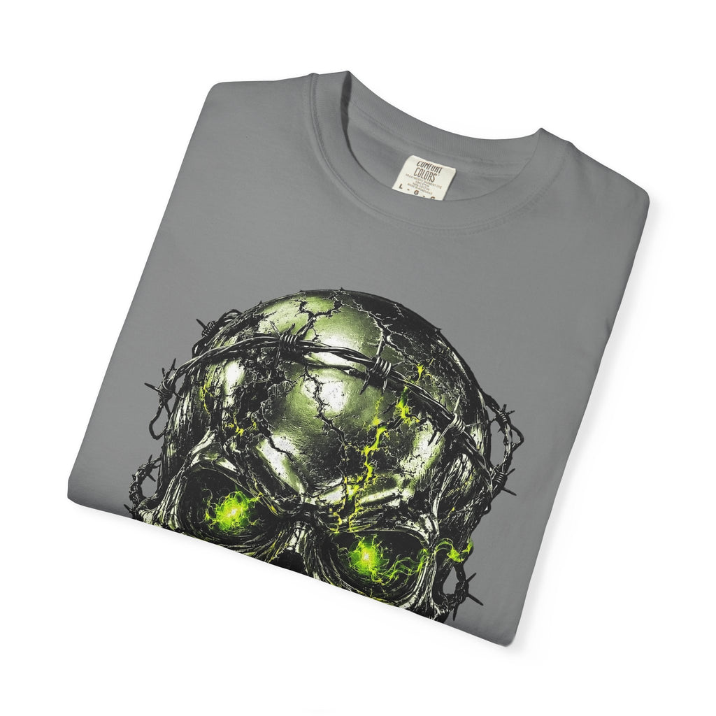 Gray crewneck t-shirt featuring a chrome survivor skull graphic entwined with barbed wire and glowing green lightning