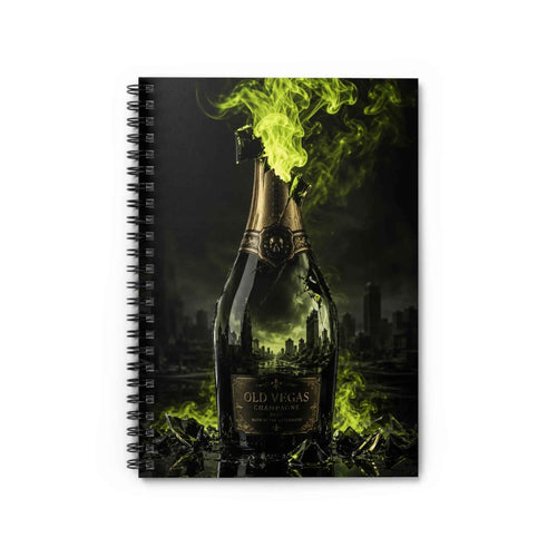 Toxic Champagne spiral notebook with champagne bottle and acid-green smoke cover artwork