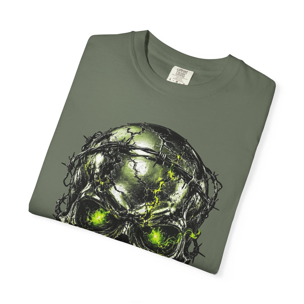 Olive green crewneck t-shirt with chrome survivor skull graphic featuring barbed wire and neon green glowing eyes