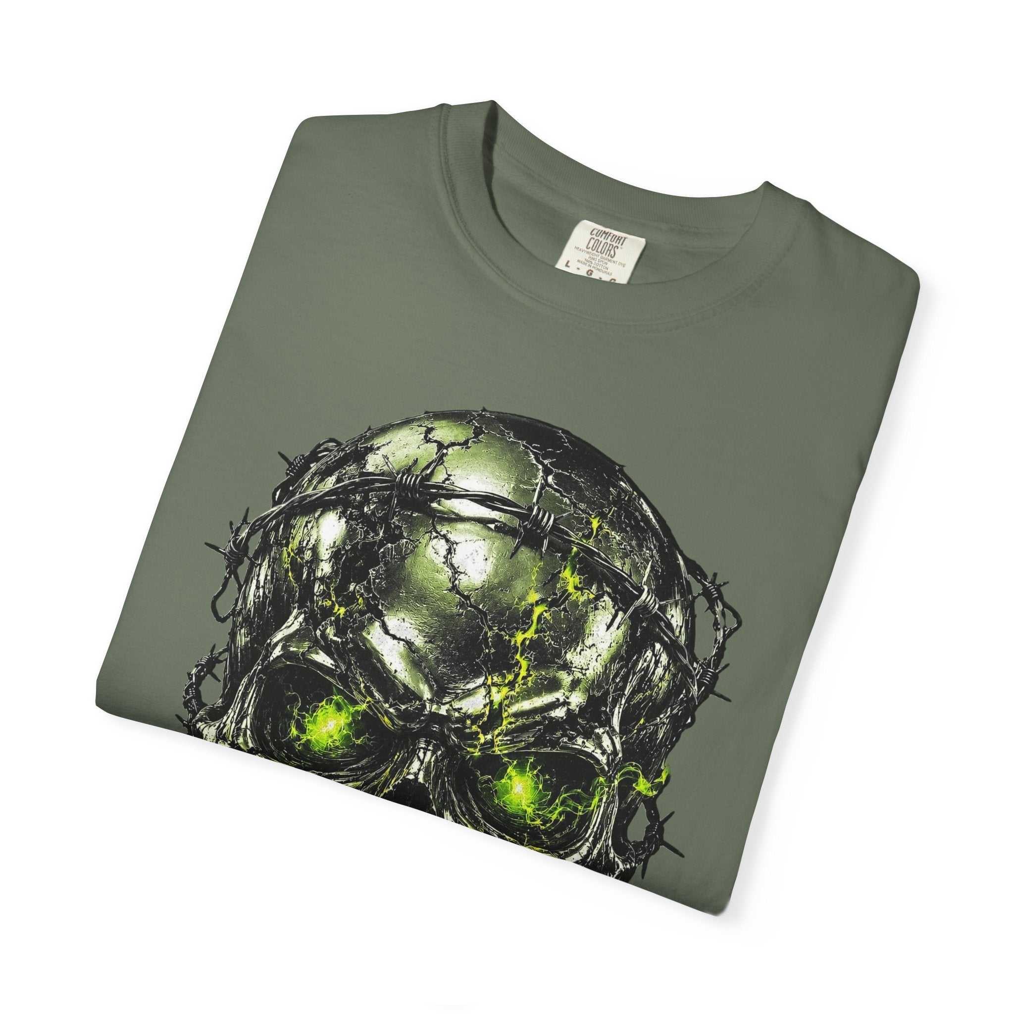 Olive green crewneck t-shirt with chrome survivor skull graphic featuring barbed wire and neon green glowing eyes