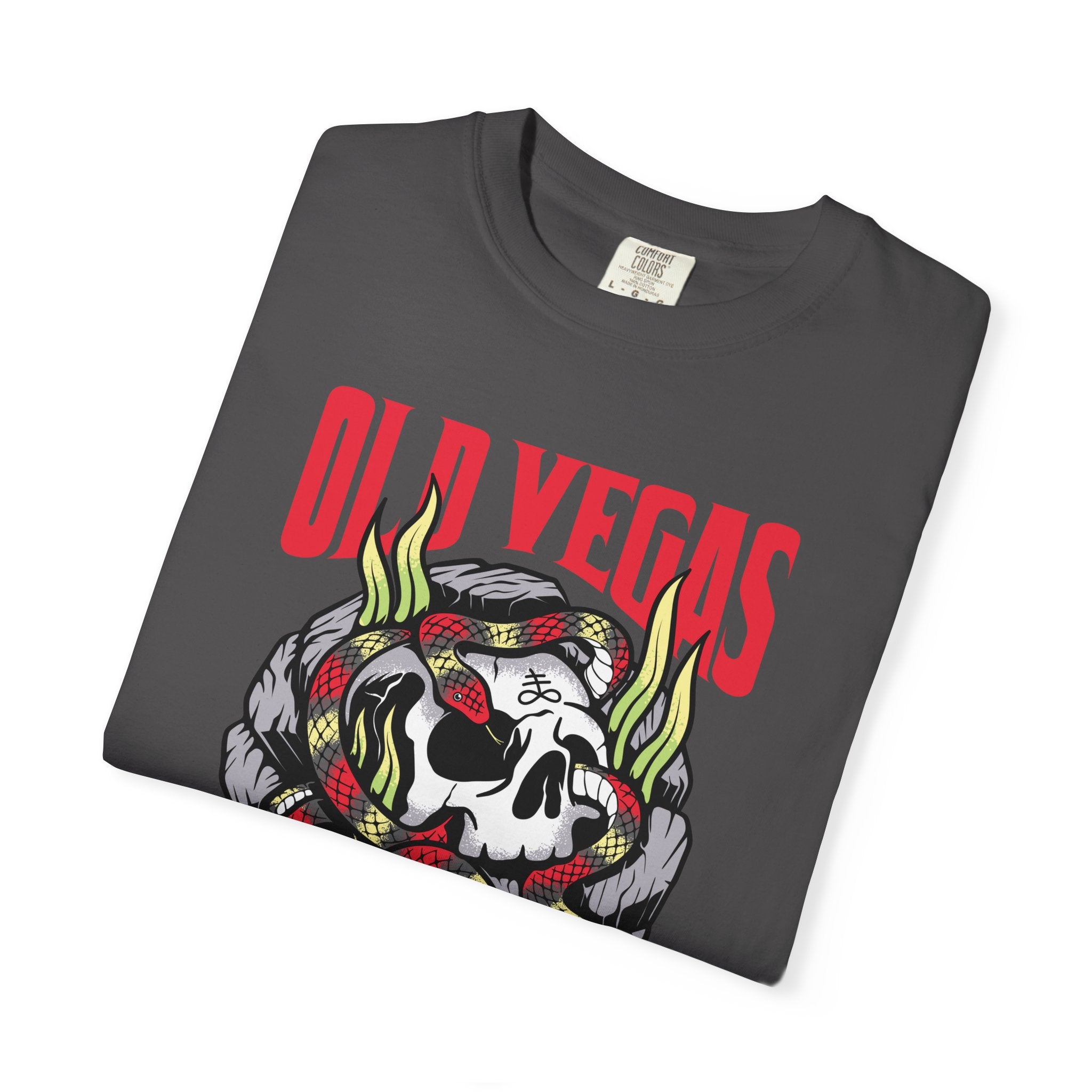 Dark gray crewneck t-shirt with a bold skull graphic and red green snake featuring old vegas text in red lettering