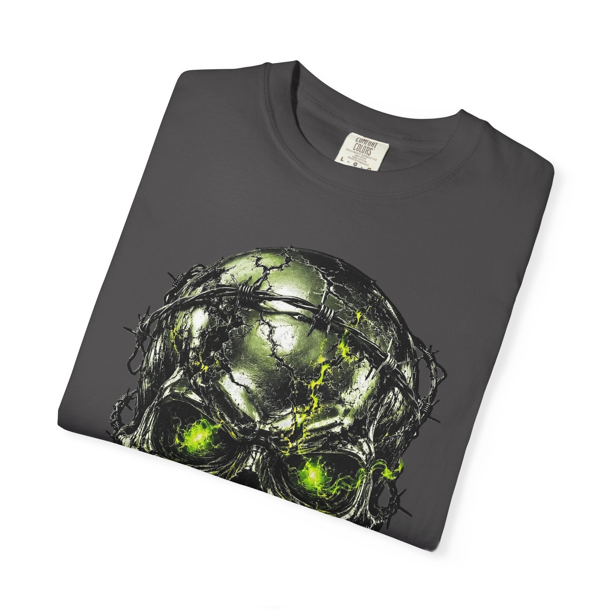 Dark gray crewneck t-shirt with a detailed chrome survivor skull graphic entwined with barbed wire and glowing green eyes