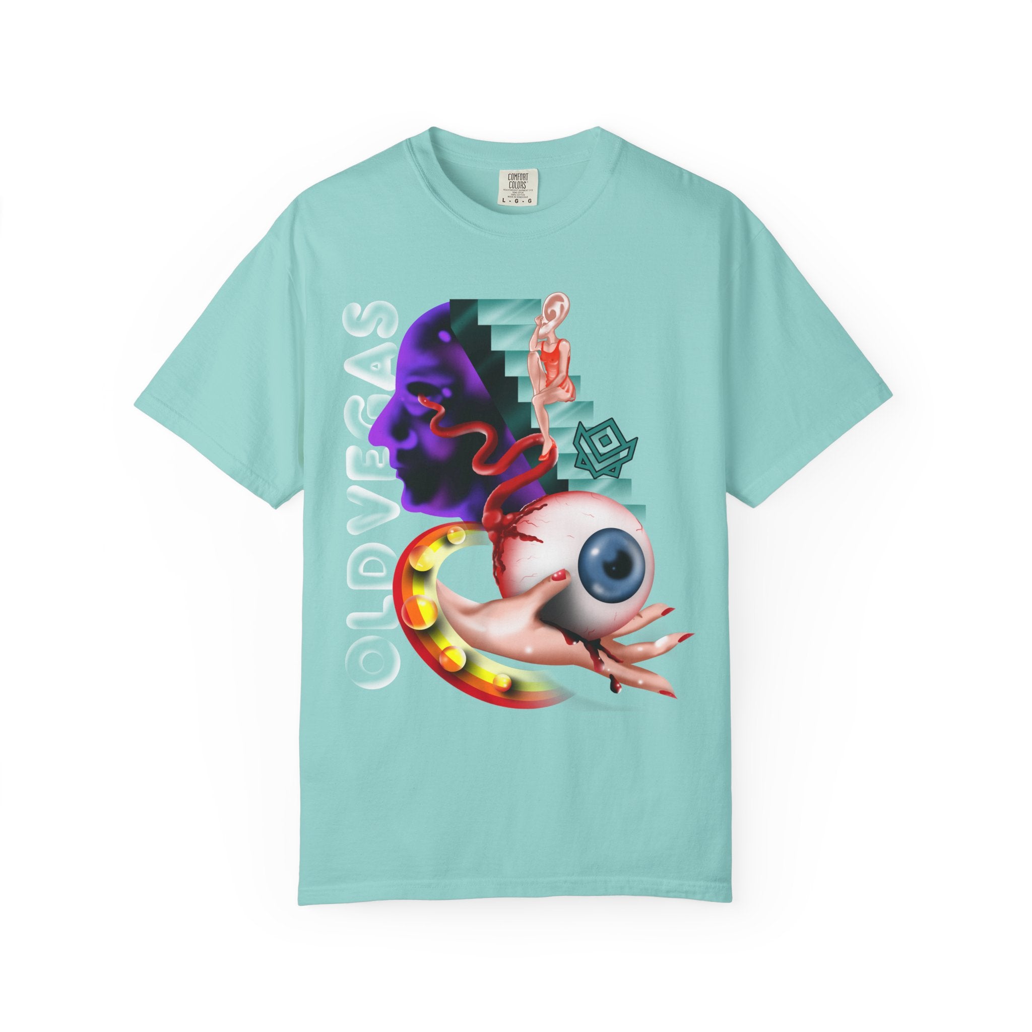 Graphic T‑Shirt - Surreal Eyeball & Snake Art with "OLDVSBAS" Text by Printify