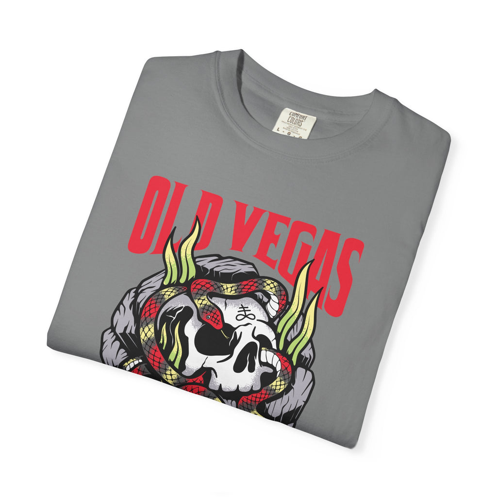 Gray crewneck t-shirt featuring a bold skull graphic with a red and green snake and old vegas red lettering