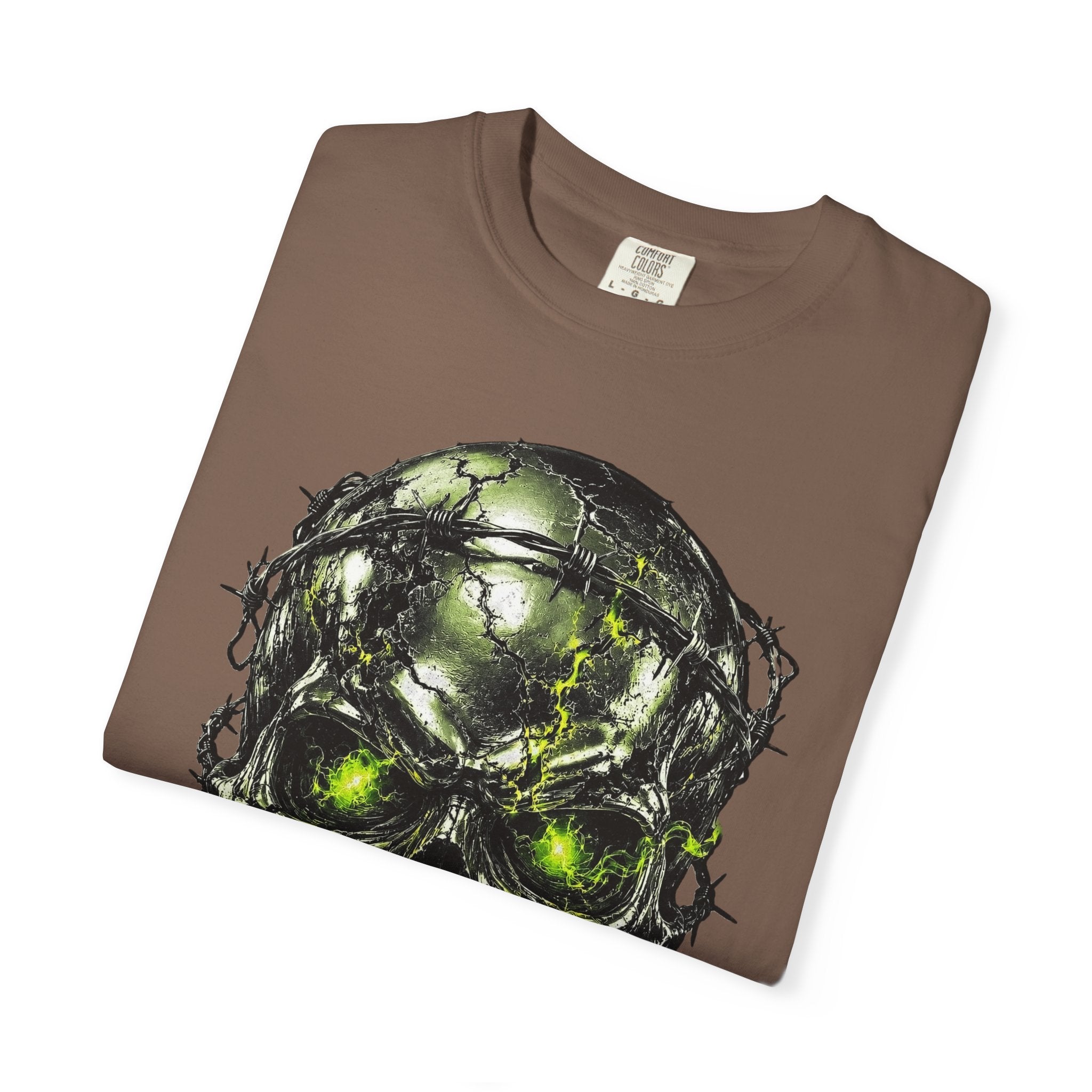 Brown crewneck t shirt with chrome survivor skull graphic featuring barbed wire and glowing green eyes on front