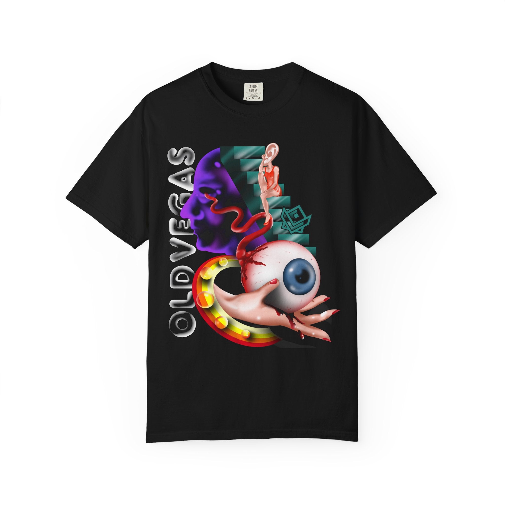 Graphic T‑Shirt - Surreal Eyeball & Snake Art with "OLDVSBAS" Text by Printify