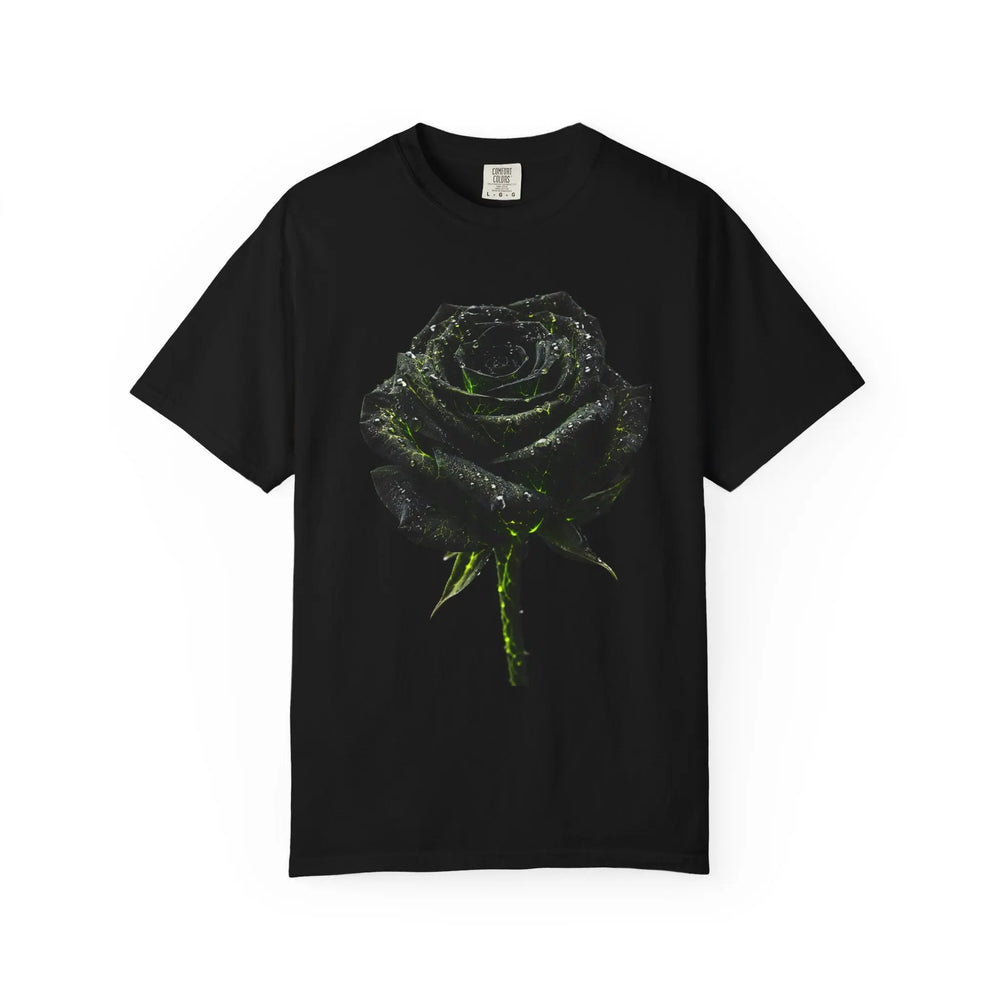 Black cotton t-shirt featuring an apocalyptic rose graphic with dark petals and glowing green accents