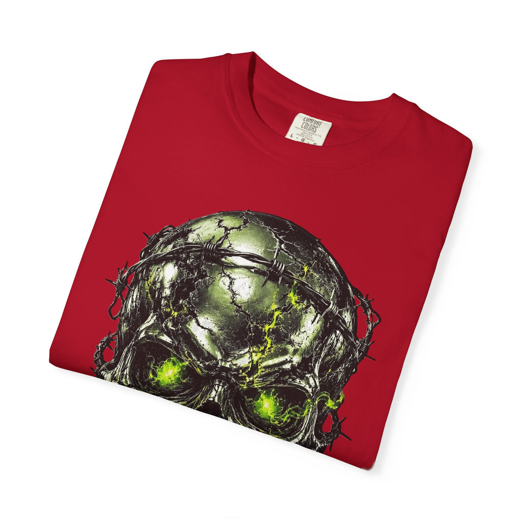Red cotton t-shirt featuring a detailed skull graphic wrapped in barbed wire with glowing green eyes chrome survivor skull tee