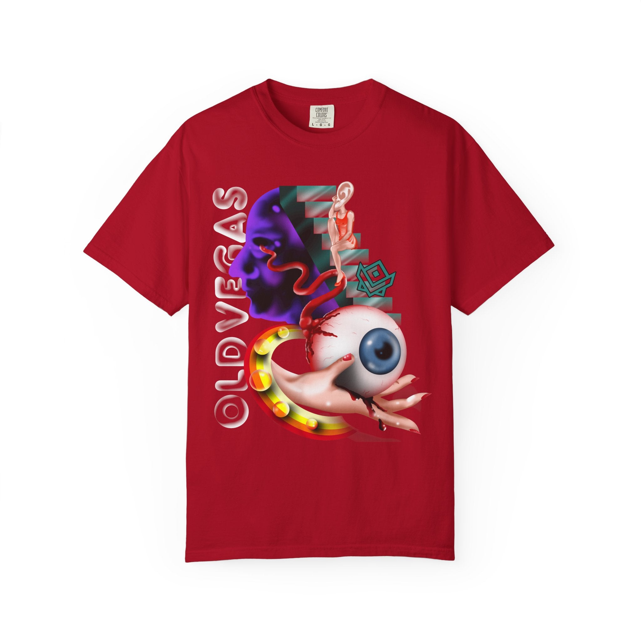Graphic T‑Shirt - Surreal Eyeball & Snake Art with "OLDVSBAS" Text by Printify