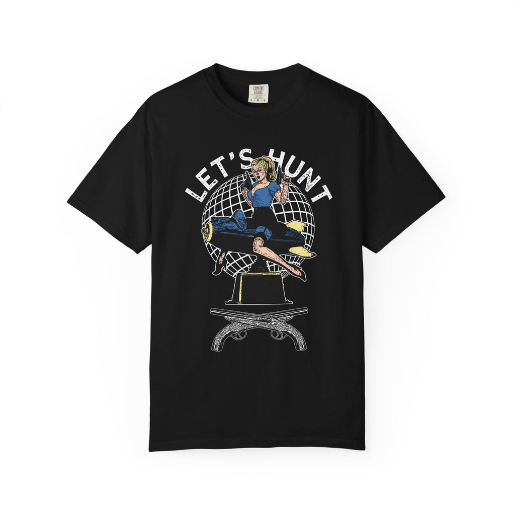 Black cotton t-shirt with retro graphic of woman in blue sitting on globe and lets hunt text arched above