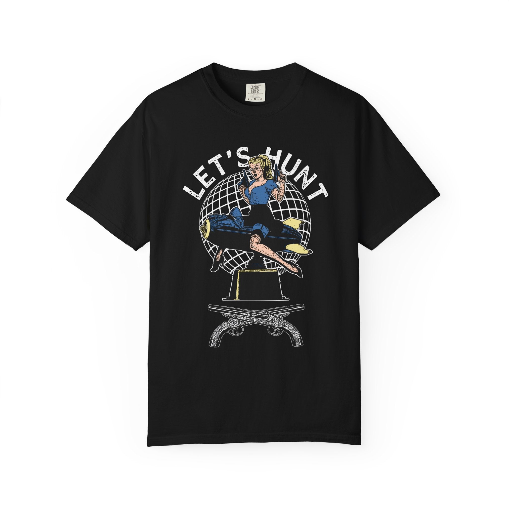 Black cotton t-shirt with retro graphic of woman in blue sitting on globe and lets hunt text arched above