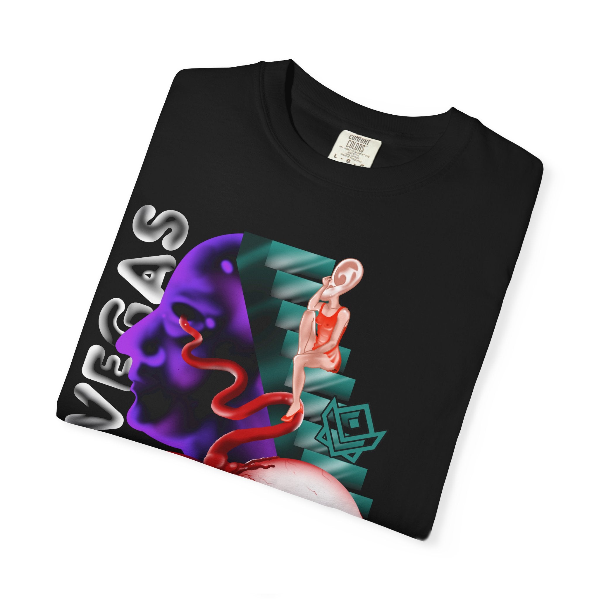 Graphic T‑Shirt - Surreal Eyeball & Snake Art with "OLDVSBAS" Text by Printify