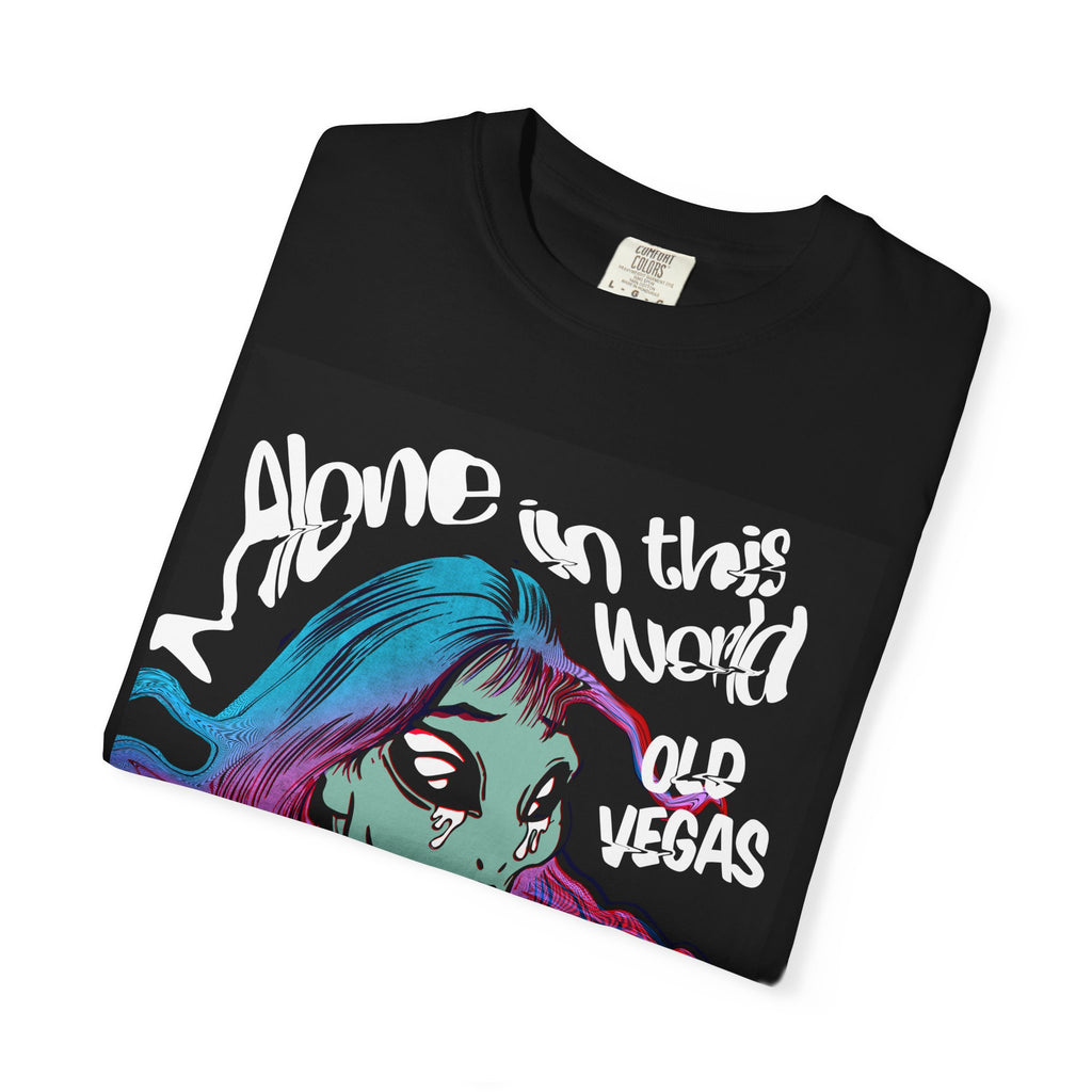 Retro Femme Portrait T-Shirt - "Alone in This World" Old Vegas Graphic by Printify