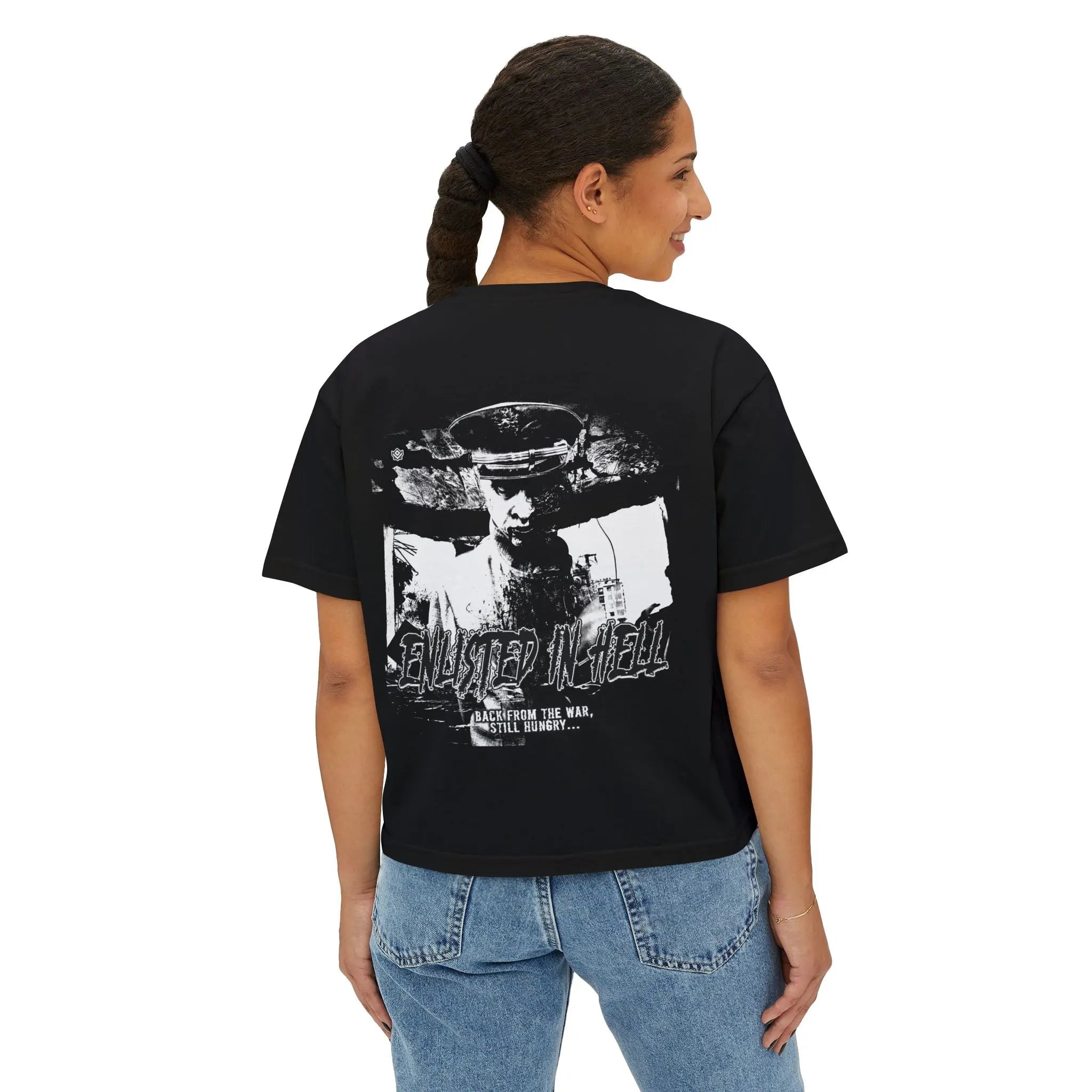 Women’s Boxy Tee - Grunge Graphic T-Shirt (distressed soldier photo) by Printify