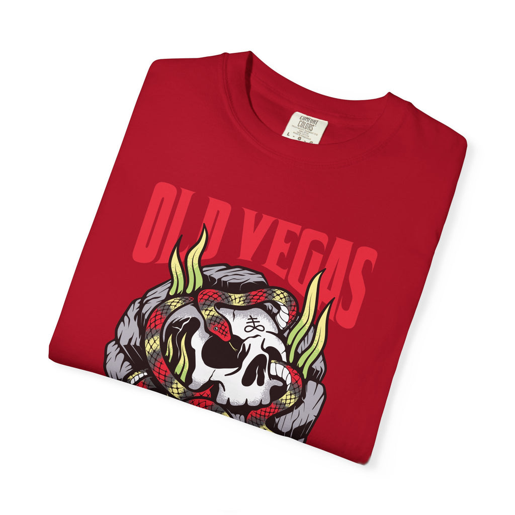 Red cotton skull and snake graphic tee featuring a bold skull with snake and old vegas lettering