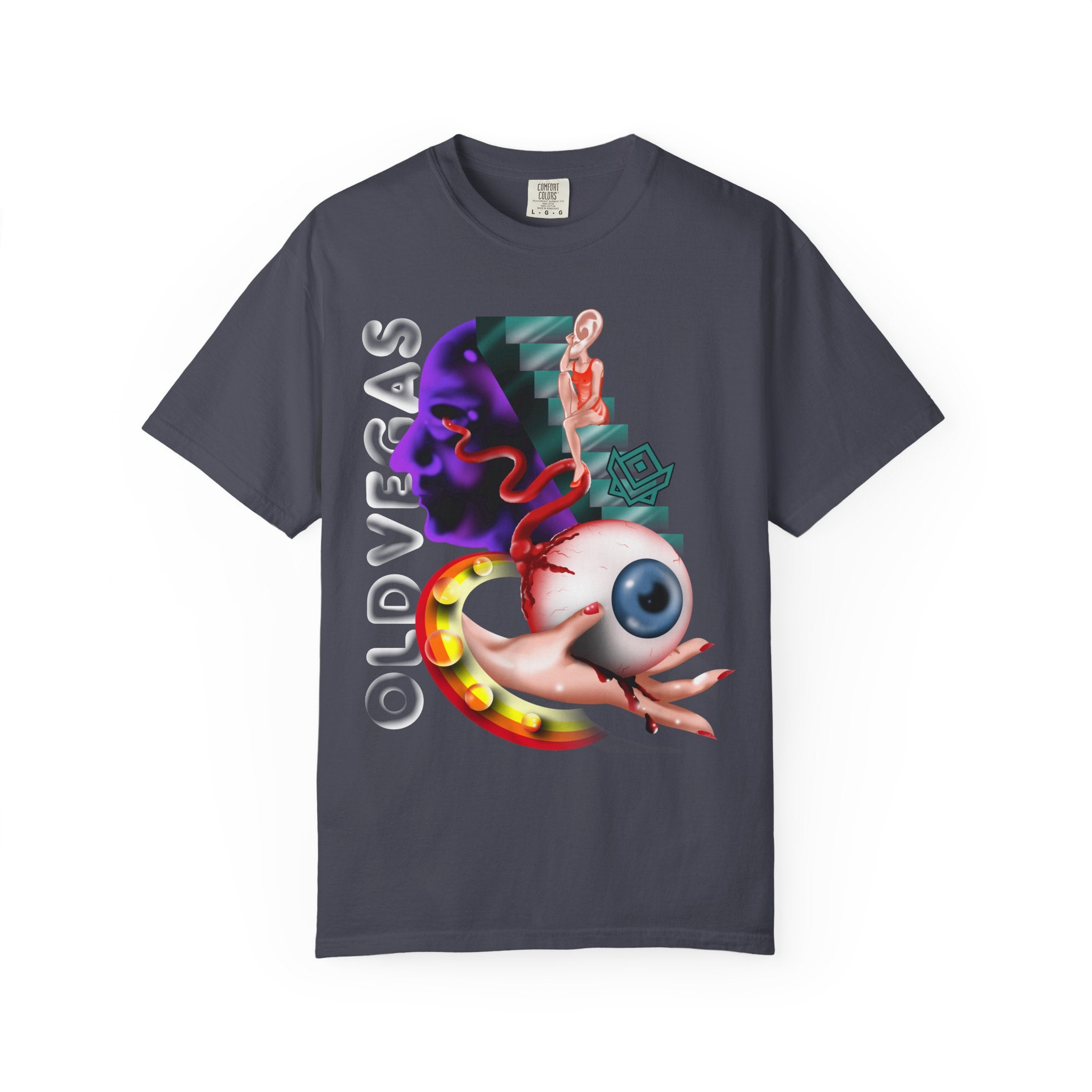 Graphic T‑Shirt - Surreal Eyeball & Snake Art with "OLDVSBAS" Text by Printify