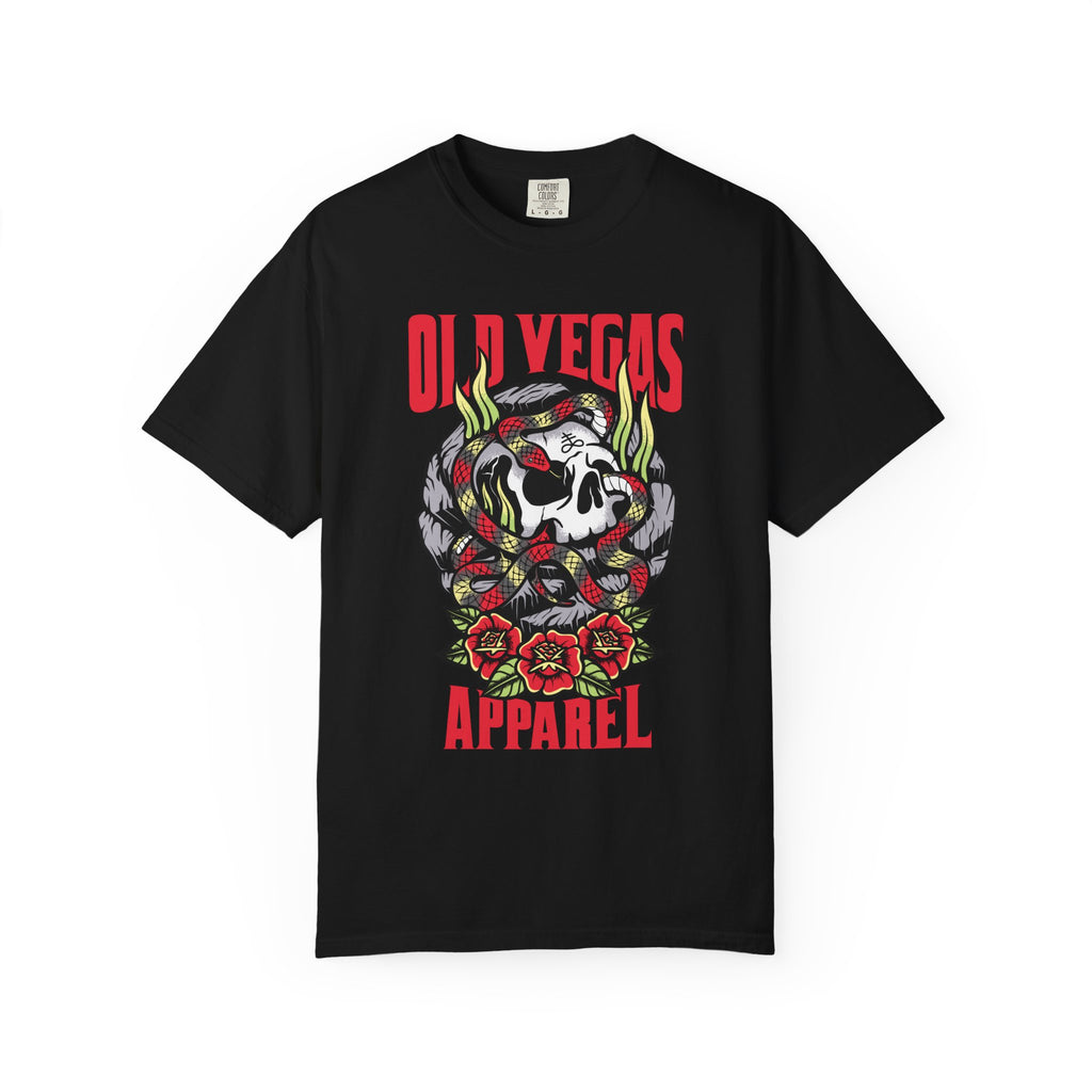 Black short-sleeved skull and snake graphic tee with red and green snakes roses and old vegas apparel text