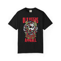 Black short-sleeved skull and snake graphic tee with red and green snakes roses and old vegas apparel text