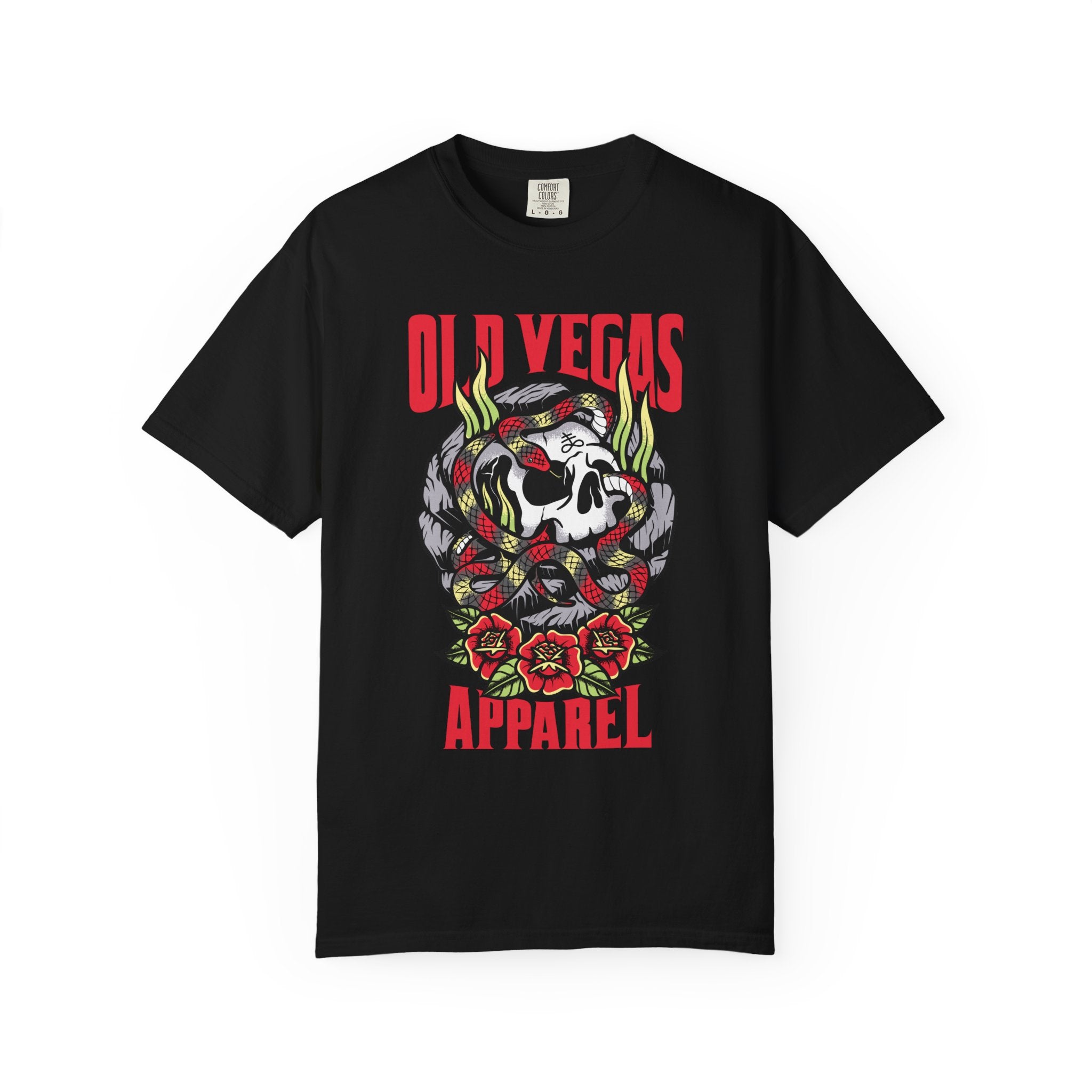 Black short-sleeved skull and snake graphic tee with red and green snakes roses and old vegas apparel text