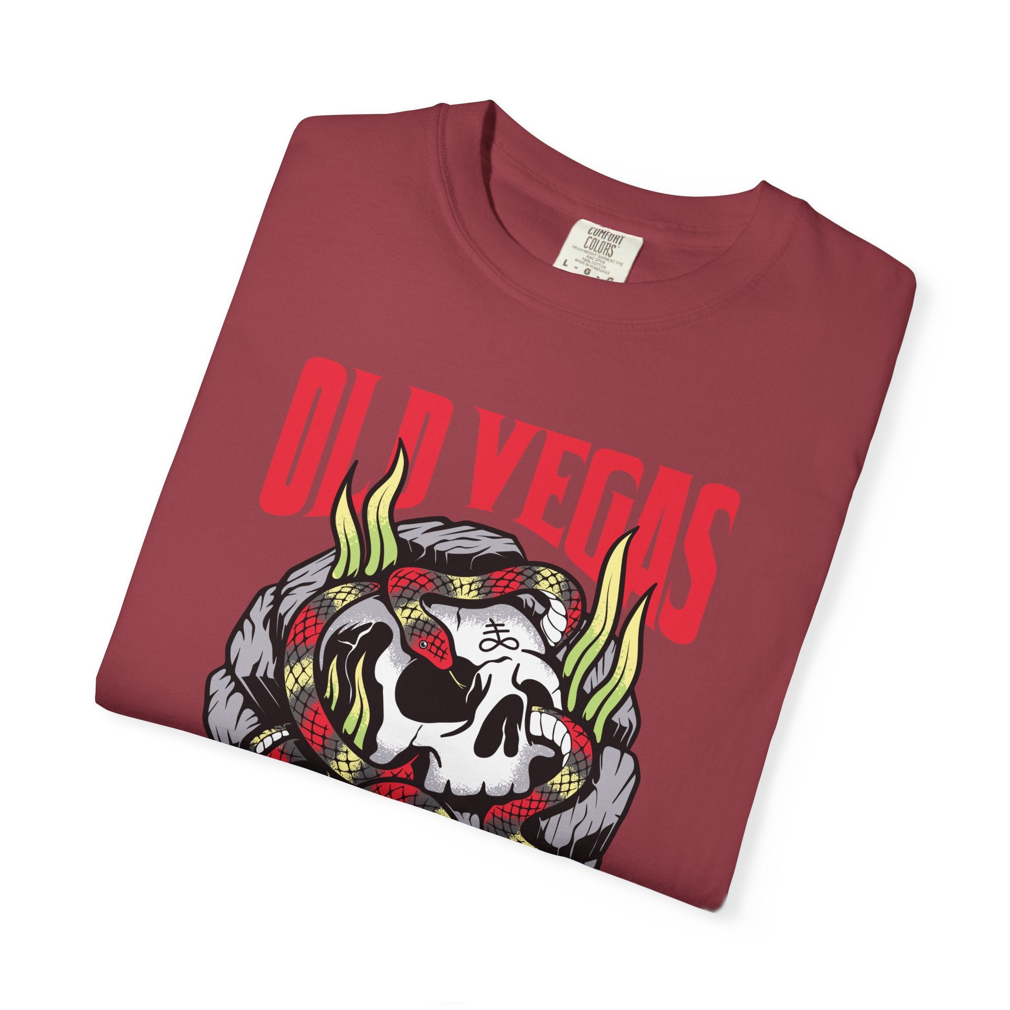 Maroon crewneck graphic tee featuring a skull with a red and yellow snake and old vegas red lettering design