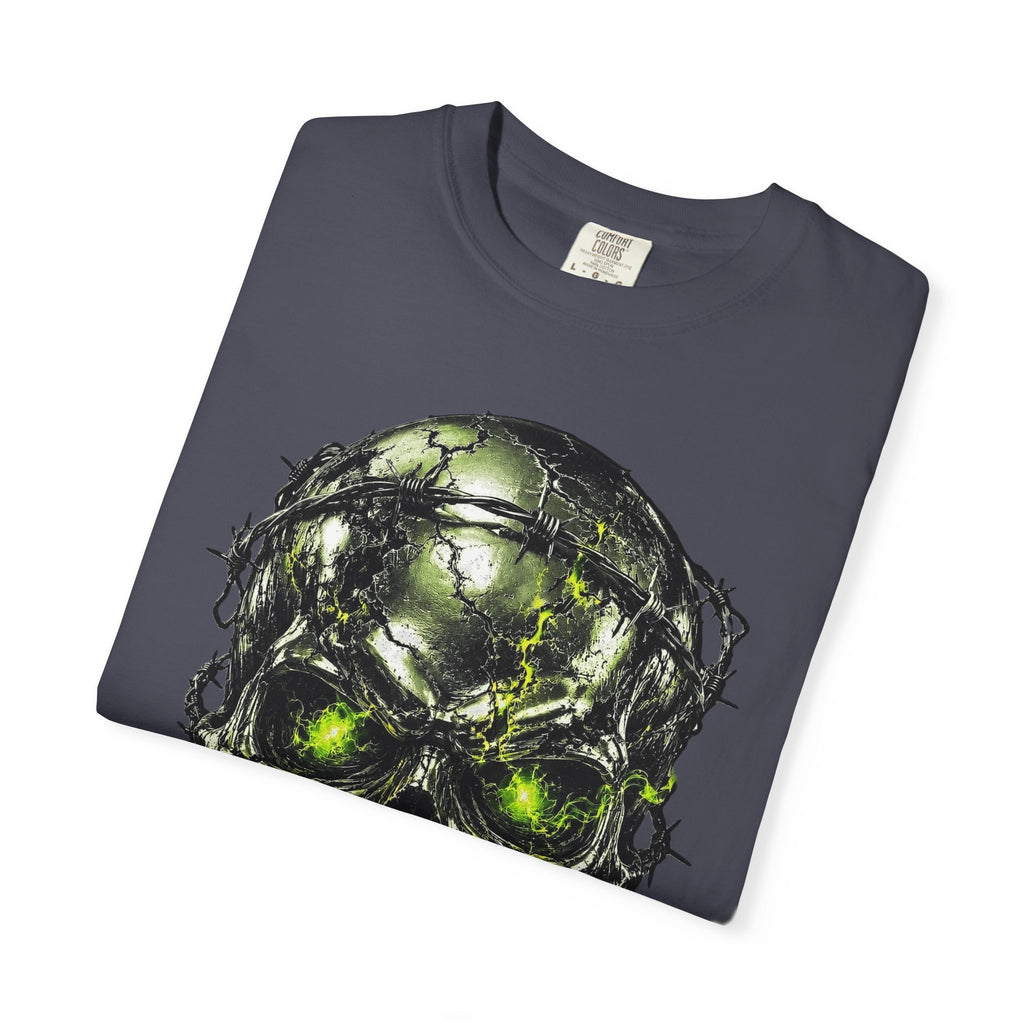 Dark gray crewneck t-shirt with chrome survivor skull graphic featuring skull entwined with barbed wire and glowing green eyes