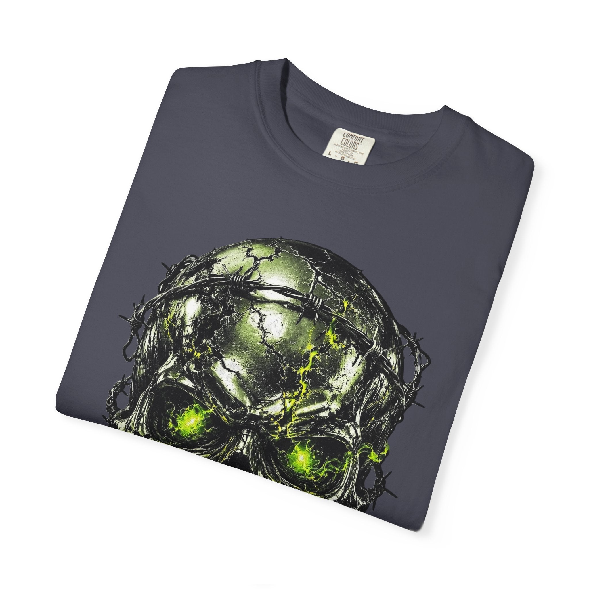 Dark gray crewneck t-shirt with chrome survivor skull graphic featuring skull entwined with barbed wire and glowing green eyes