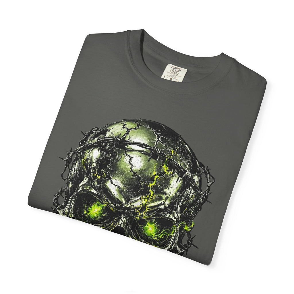 Dark gray crewneck t-shirt featuring a chrome survivor skull graphic entwined with barbed wire and glowing green eyes