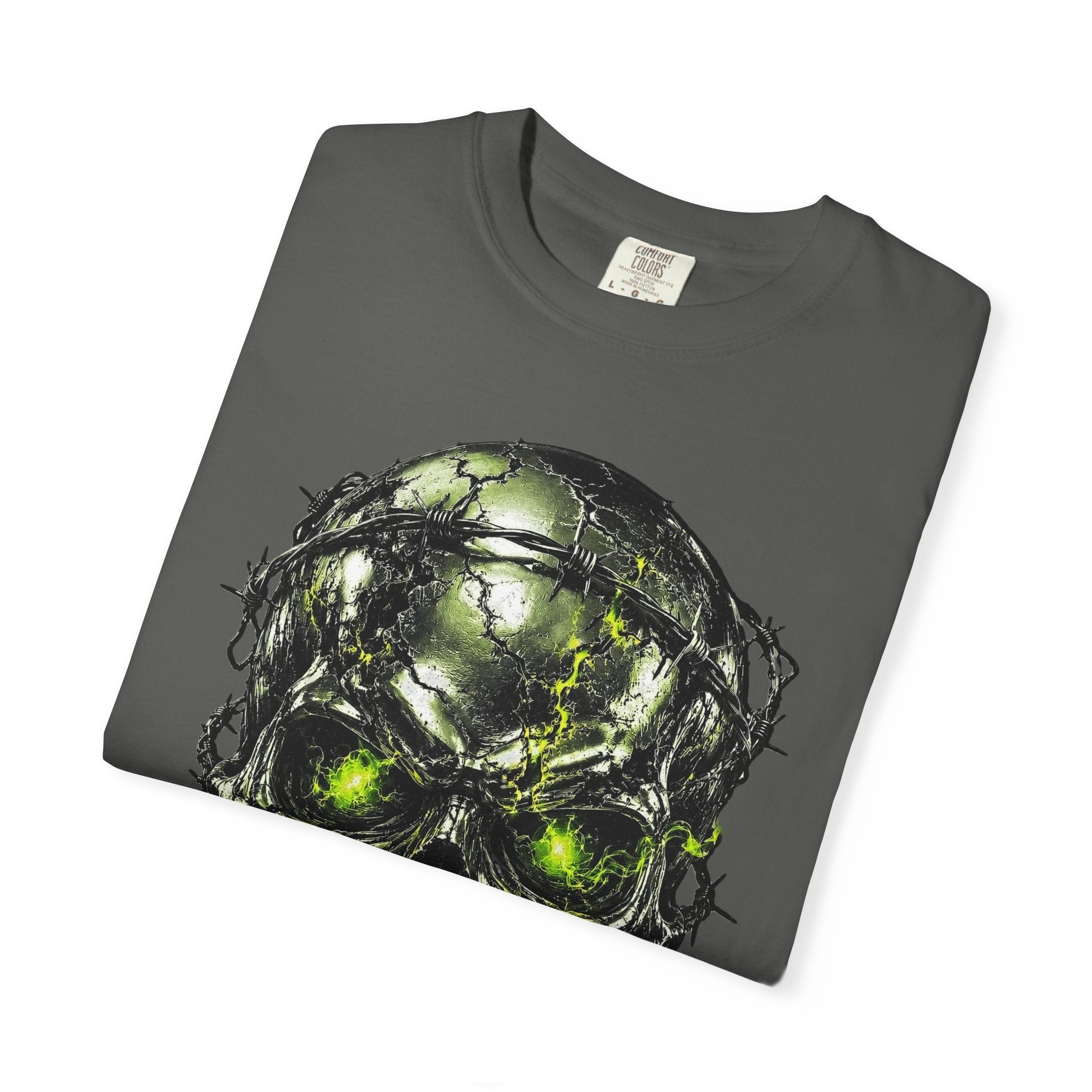 Dark gray crewneck t-shirt featuring a chrome survivor skull graphic entwined with barbed wire and glowing green eyes