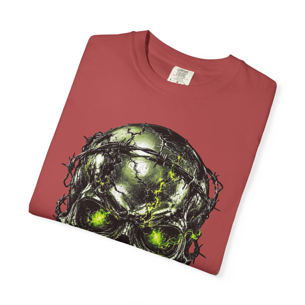 Red crew-neck cotton t-shirt with chrome survivor skull graphic featuring barbed wire and glowing green eyes