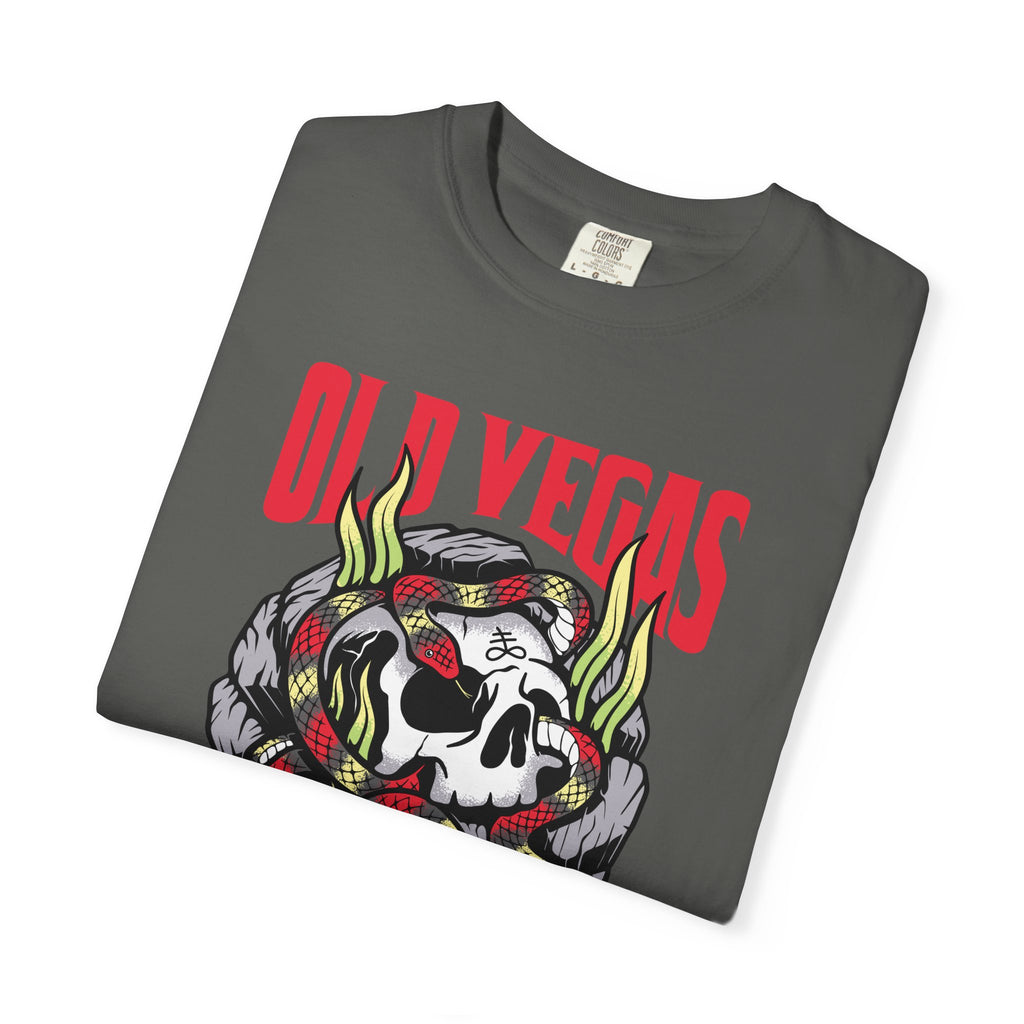 Dark gray crewneck t-shirt featuring a bold skull graphic with a red and green snake and old vegas text