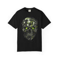 Black short-sleeved t-shirt featuring chrome survivor skull graphic with glowing green eyes and metallic textures