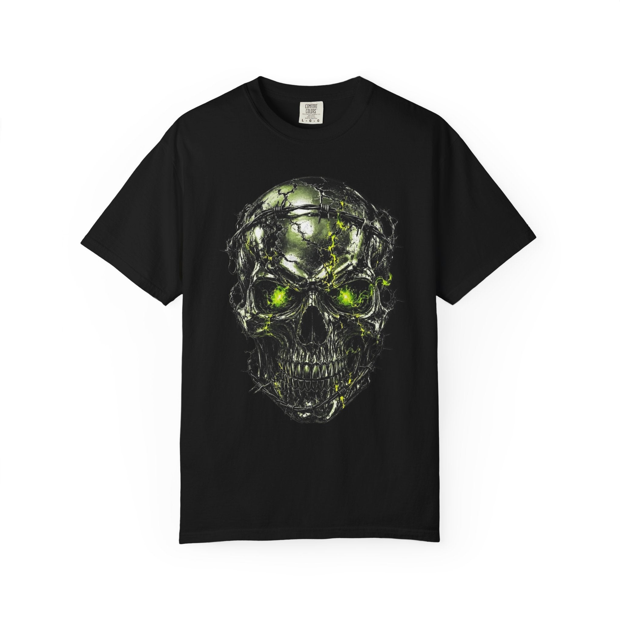 Black short-sleeved t-shirt featuring chrome survivor skull graphic with glowing green eyes and metallic textures
