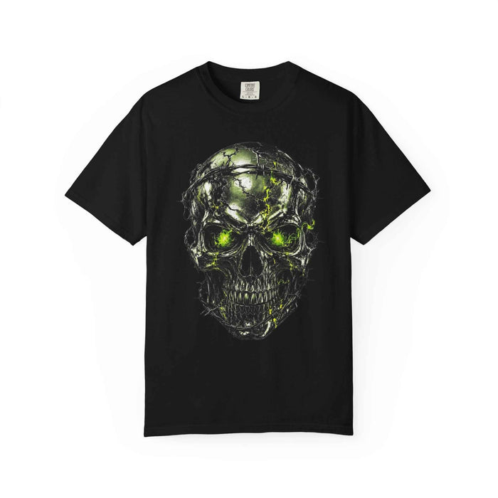 Chrome Survivor Skull graphic tee with cracked chrome skull, lime eyes and barbed wire artwork by OLD VEGAS