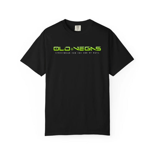 Cyber Lime Logo black graphic tee with toxic lime OLD VEGAS logo and chest tagline