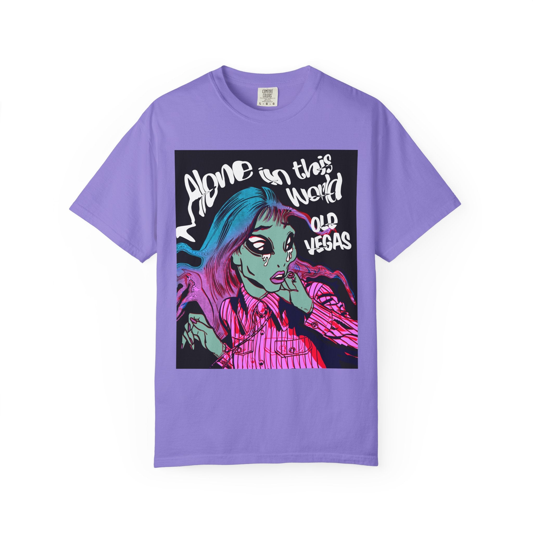 Retro Femme Portrait T-Shirt - "Alone in This World" Old Vegas Graphic by Printify
