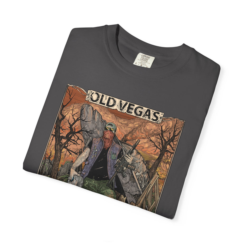 Dark gray crewneck cotton t-shirt with a graphic of a red bearded figure holding an assault rifle and old vegas text